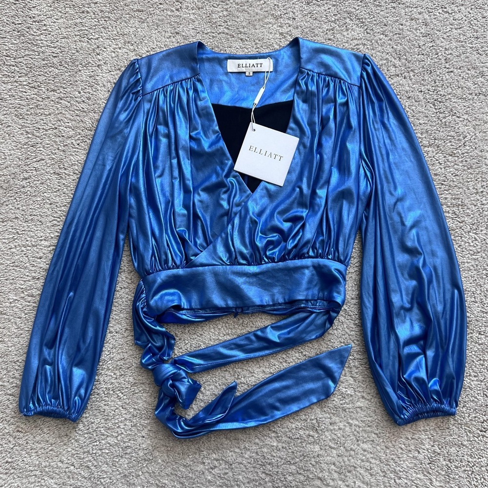 Elliatt Lia Top Satin Wrap Tie Crop Womens S Blue Long Sleeve V-Neck